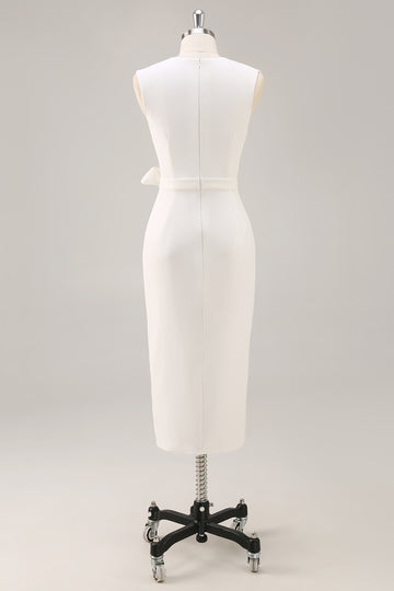 White Sheath V-Neck Formal Dress with Sash